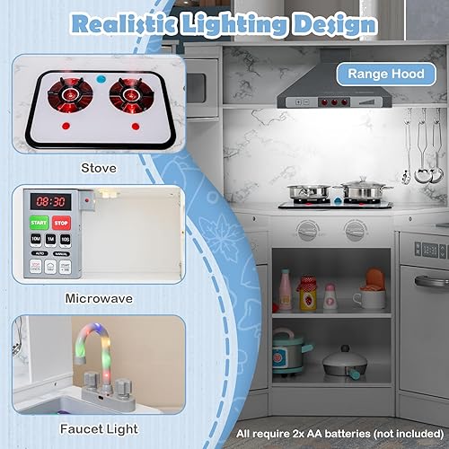 Miniatura 3 de INFANS Juego de cocina esquinera para niños, juego de cocina de madera para niños pequeños con estufa de sonido de luz realista, gabinete de