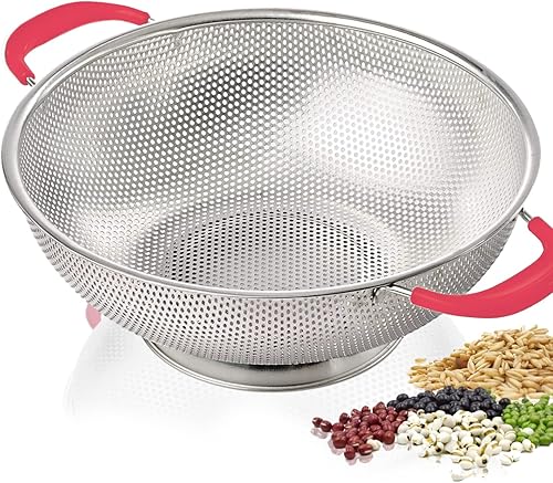 Miniatura 9 de Colador de 5 cuartos de galón, colador de acero inoxidable 188, mango de silicona, colador microperforado de fácil agarre, resistente y