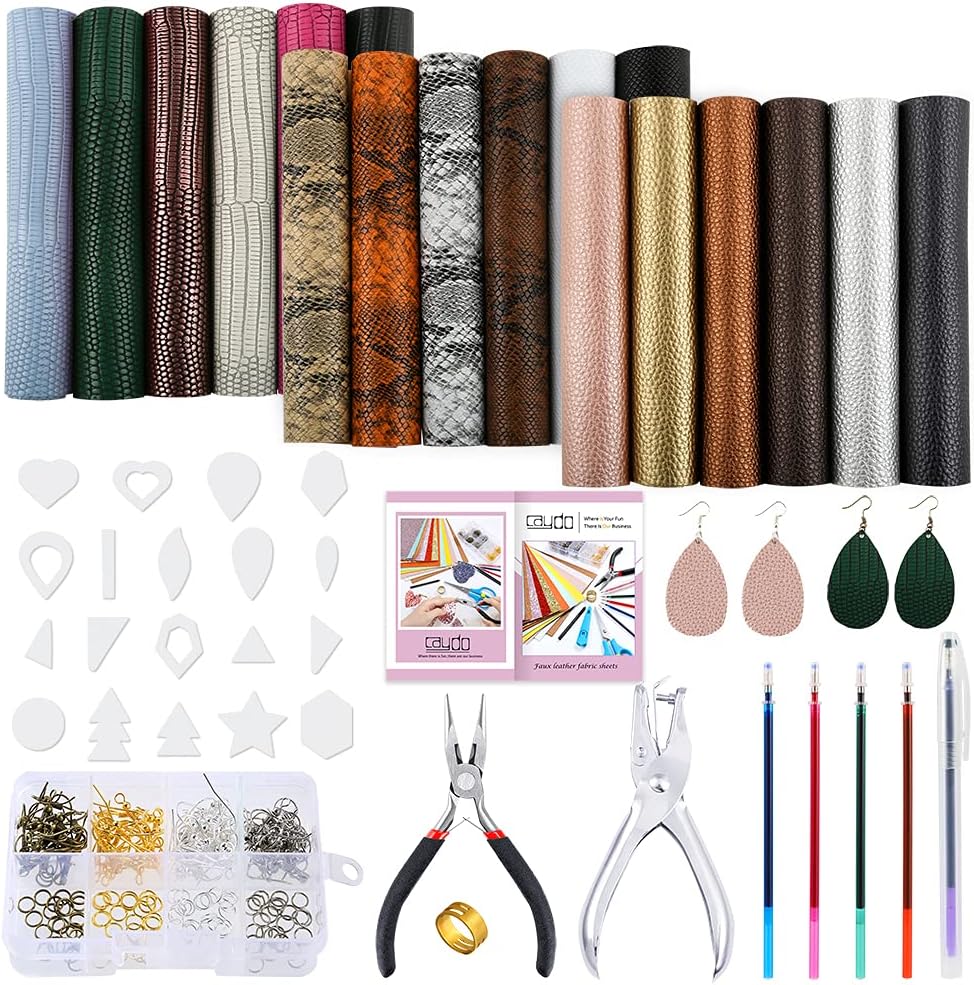 Caydo 3 Style 18 Pieces Faux Leather Sheets with Instructions, Earring Cut Template and Earrings Making Tools Kit for Making Leather Earrings Bows and Crafts(6.3 X 8.3 inch)
