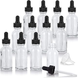 JUVITUS 1 oz Clear Glass Boston Round Bottle with Black Dropper (12 pack) + Funnel Refillable Empty Storage Containers