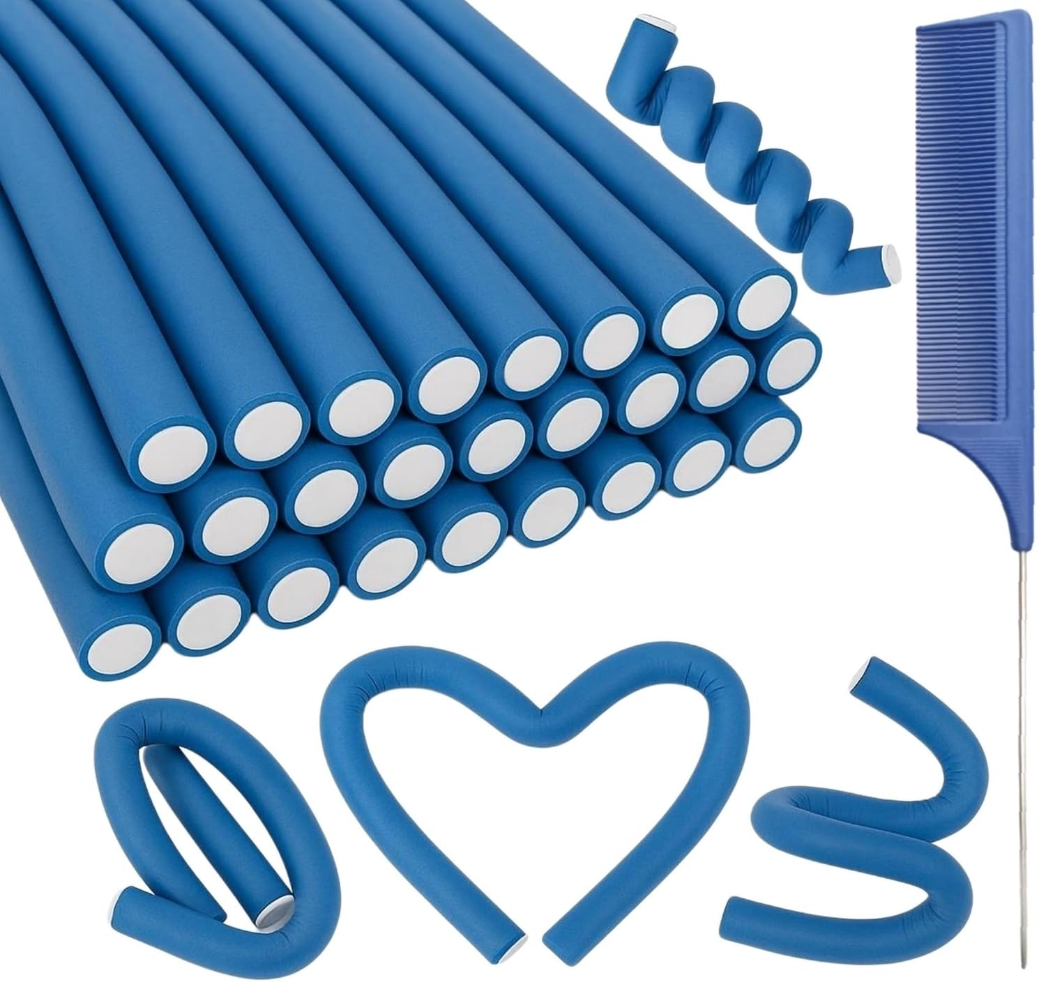 30PCS 9.45" Blue Flexible Rods Curlers Set for Short and Long Hair, No Heat Foam Rollers with Steel Comb