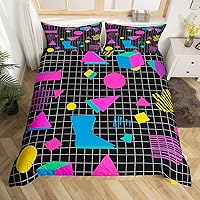 Vista 36 de Memphis - Juego de funda de edredón – Ropa de cama vintage amarillo púrpura con patrón de estilo retro, formas geométricas, ilustraciones