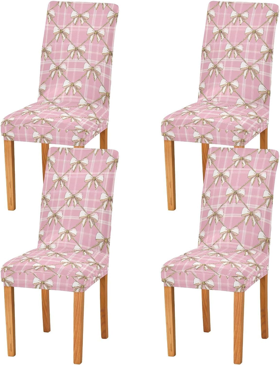 ALAZA Chair Covers for Dining Room, Cute Pink Bow Plaid Stretch Chair Cover Sets Chair Protector Removable Washable for Ktichen Restaurant Hotel