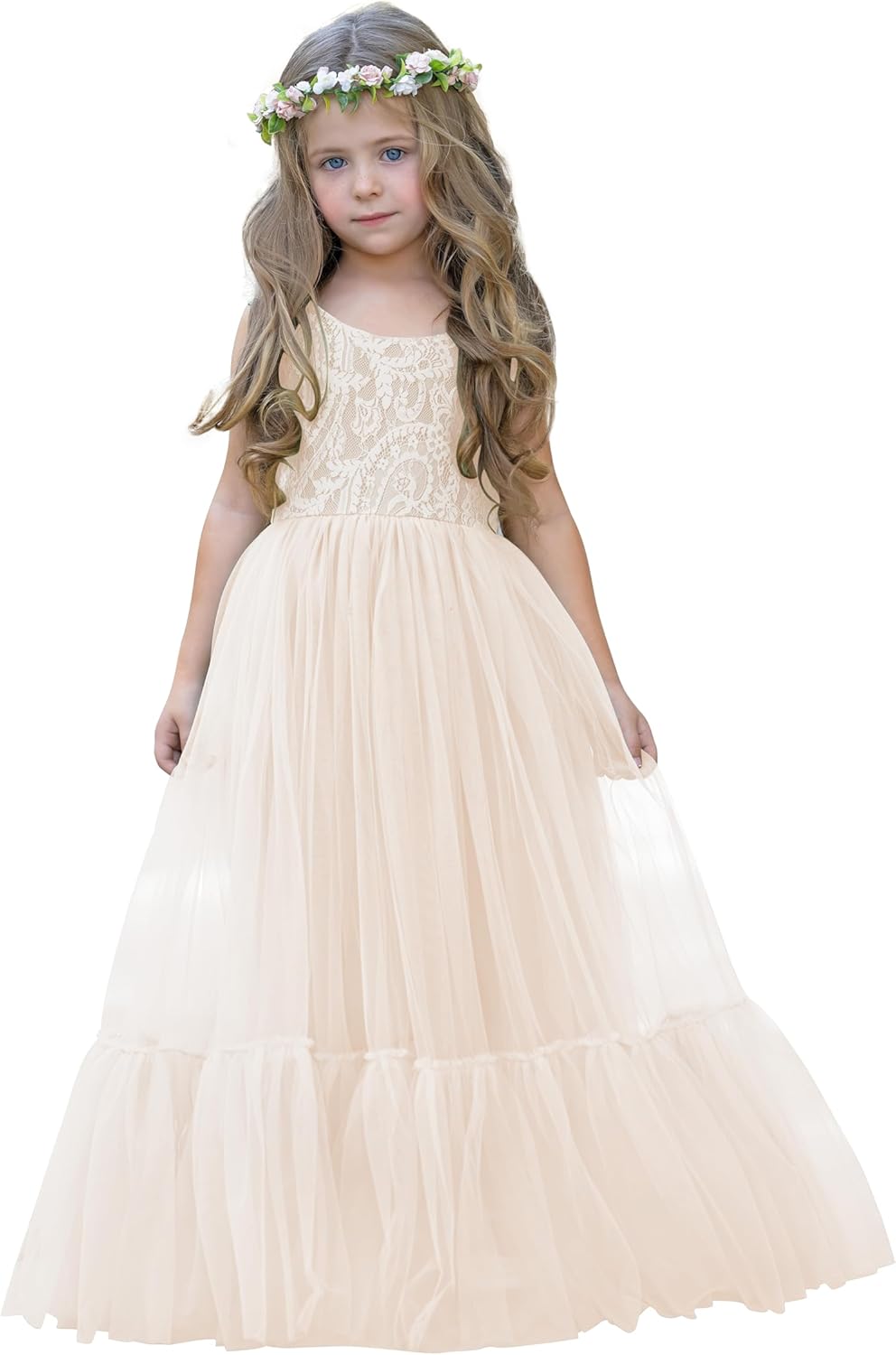 Flower Girl Dress Lace/Tulle Boho Toddler Dresses Ruffle Girl Dress for Wedding Garden Party Communion Beach