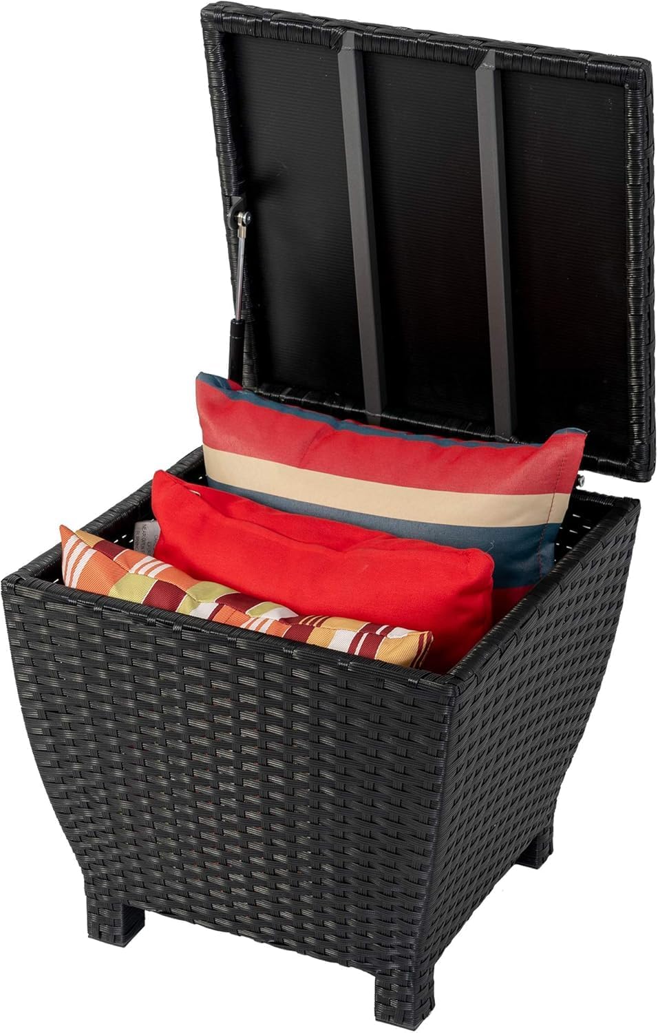 Small Deck Storage Box with Lid, 13 Gallon Small Outdoor Bin Storage Container for Hose Cushions Towels, Patio Black Side Wicker Table with Storage-Steel, Rattan, Square