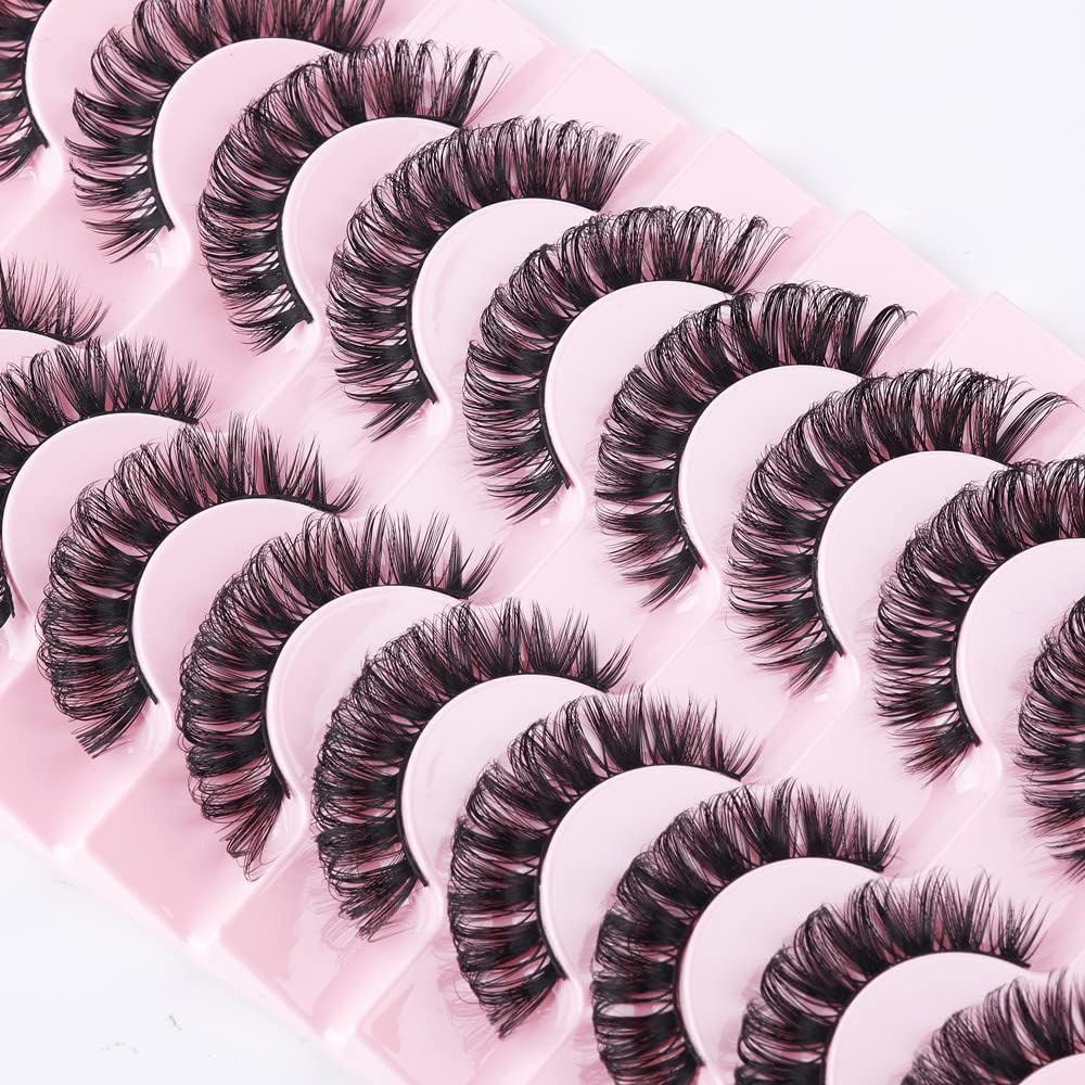 False Eyelashes Russian Strip Lashes Natural Fluffy Wispy D Curly 10 Pairs Reusable Fake Eyelashes Faux Mink Lashes Thick Short Soft Eyes Lash(#01)