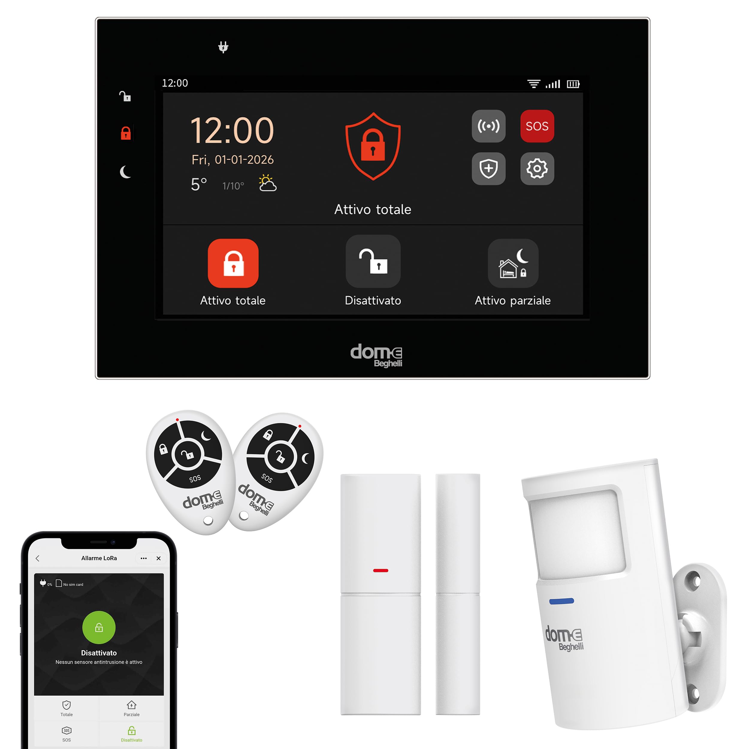 Beghelli - Kit Allarme Dom-e, Sistema Antintrusione Wireless WIFI/GSM 4G LoRa, Senza Fili, Compatibile con Alexa e Google Home, Installazione Senza Cablaggio, Pulsante SOS