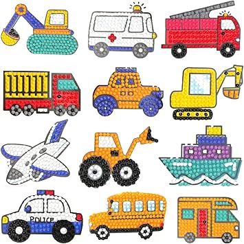 MEGZIHXN Cute Diamond Art Stickers Kits for Kids,12 Pcs Airplanes Excavators Police Cars Engineering Vehicles Diamond Arts Craft Set Gifts for Children and Adult Beginners