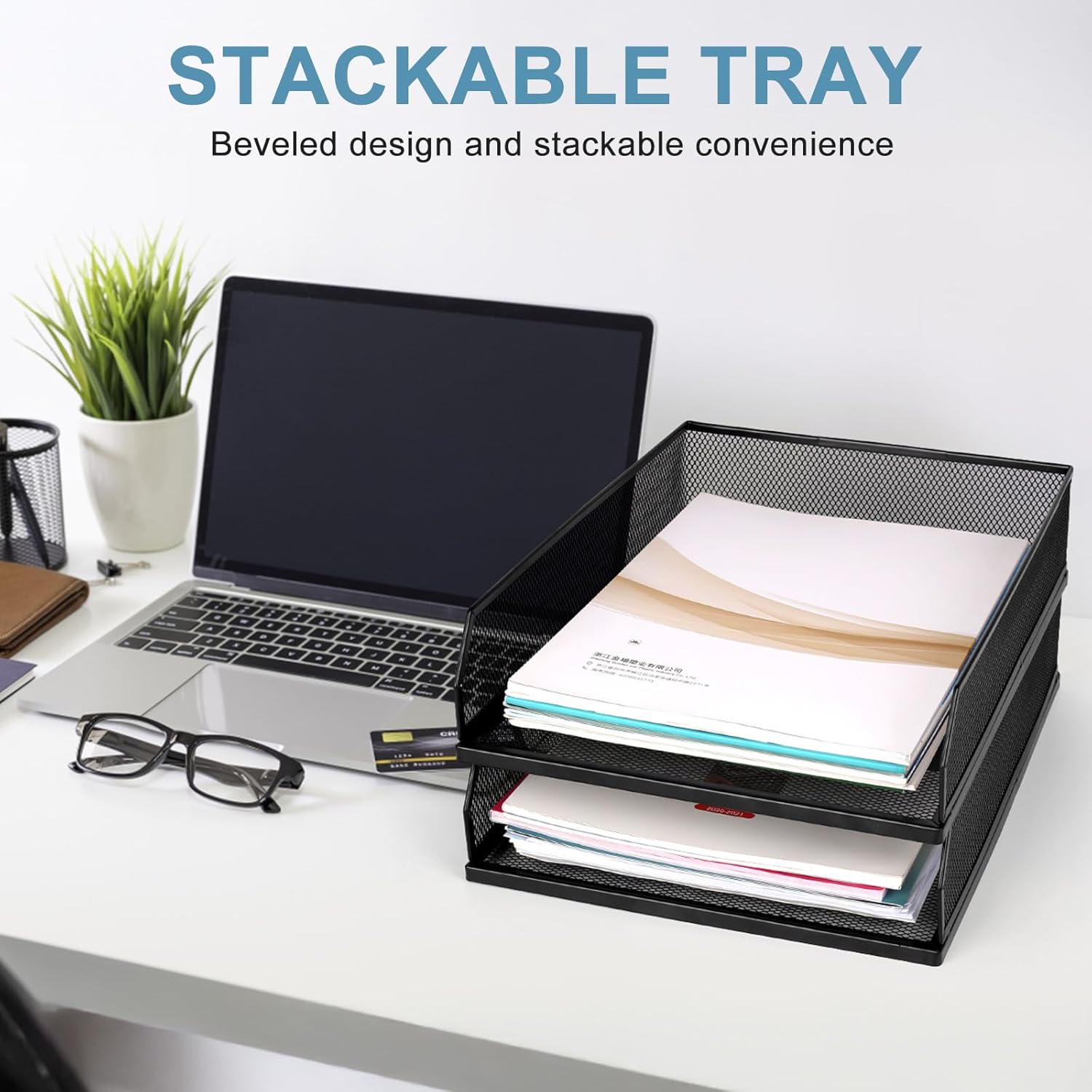 Stackable Paper Tray Desk Organizer, 2 Pack Letter File Tray, Wire Mesh Desktop Organizer, Front-Load Metal A4 Paper Sorter Documents Storage Holder Tray for Office Supplies Home School Classroom