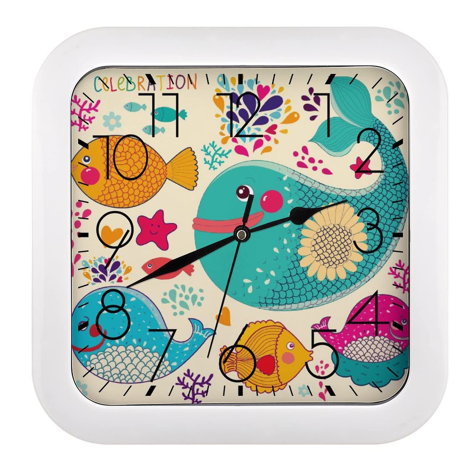 Horloge murale carrée baleine 26x26cm à grands chiffres pour salon