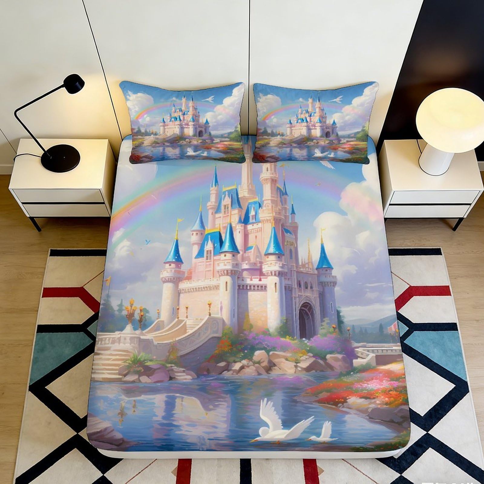3D Printed Fairy Tale Castle Fitted Sheet Microfiber Soft Pastel Rainbow Mattress Cover for Bedroom Dorm Decor 160x200x25cm