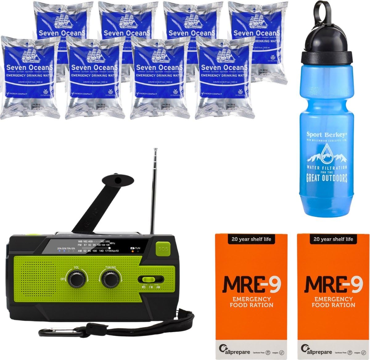 Kit d'urgence 48 Heures - Allprepare Survival Set - Kit de Survie Complet - Filtre à Eau Sport Berkey - Nourriture Longue Conservation 20 Ans - Radio de Secours Multifonctions