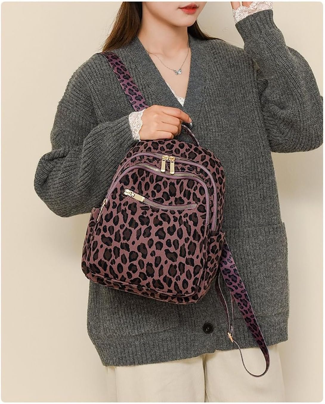 YUNZLAN Ladies Cheetah Print Backpack for Travel School Small Daypacks Leopard Shoulder Bag Purse for Women Girls-Purple Cheetah - Image 3