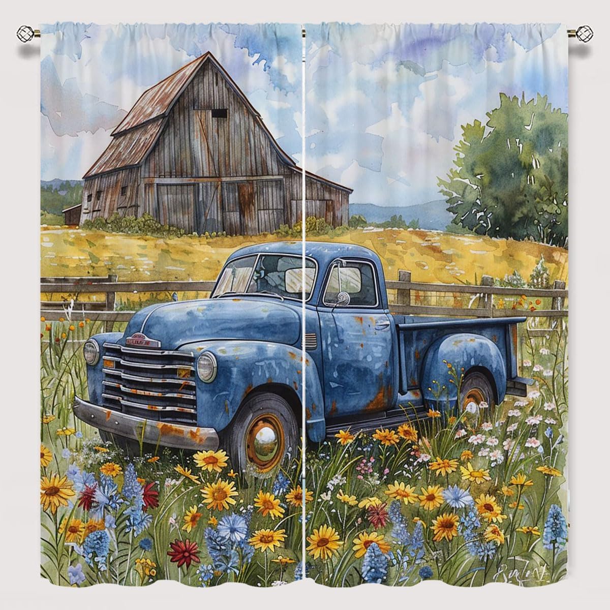 Antique Car Farm Truck Window Curtains for Kid Girls Boys Bedroom, Vintage Old Red Truck Retro Barn American Country Western Rod Pocket Curtains for Bedroom Living Room W42xL63 Inch Decor