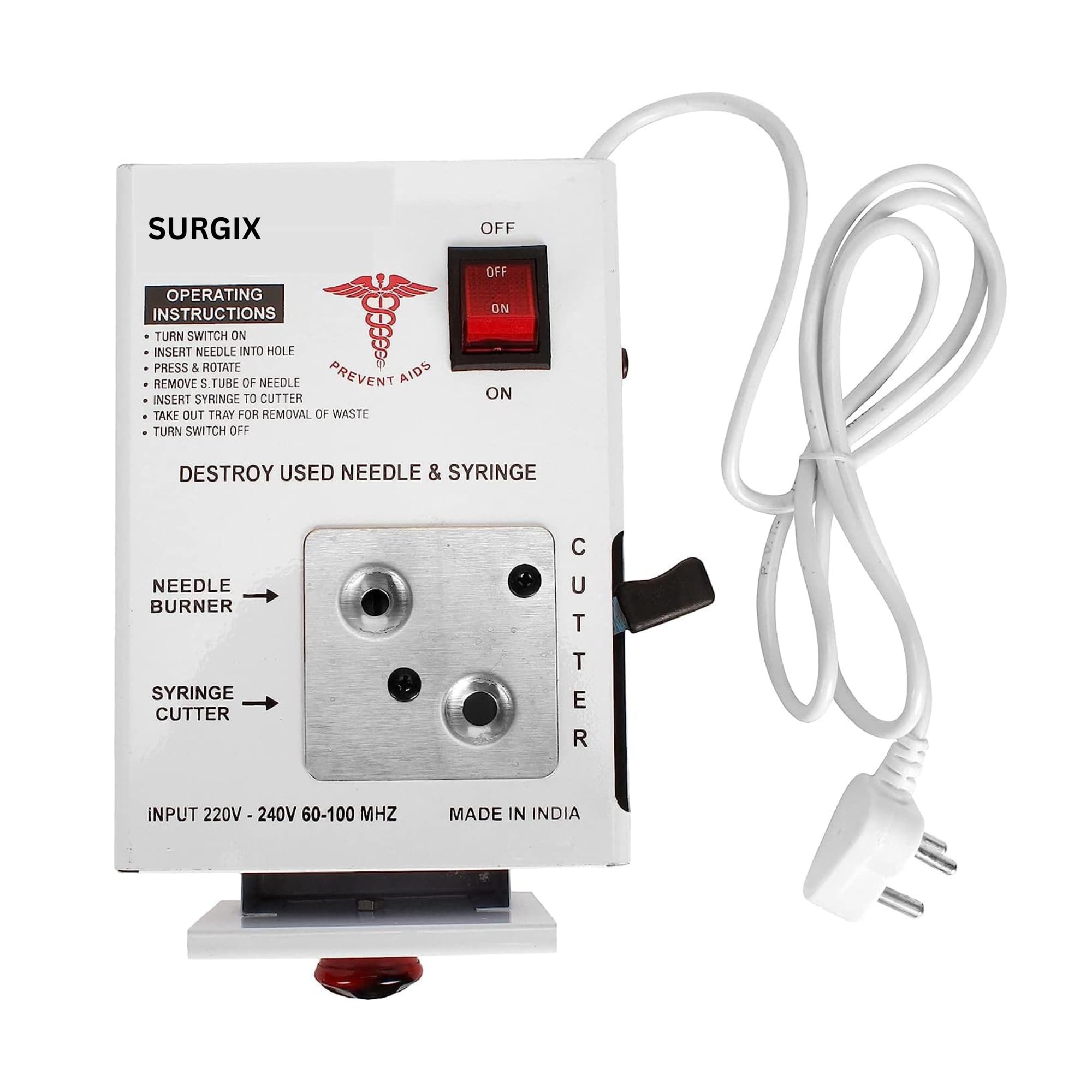 Needle Syringe Destroyer Electric, Needle Destroyer Machine for Hospital & Laboratory, Shock Proof Metal Body Mechanism, Low Power Consumption, On/Off Switch, White-image-37