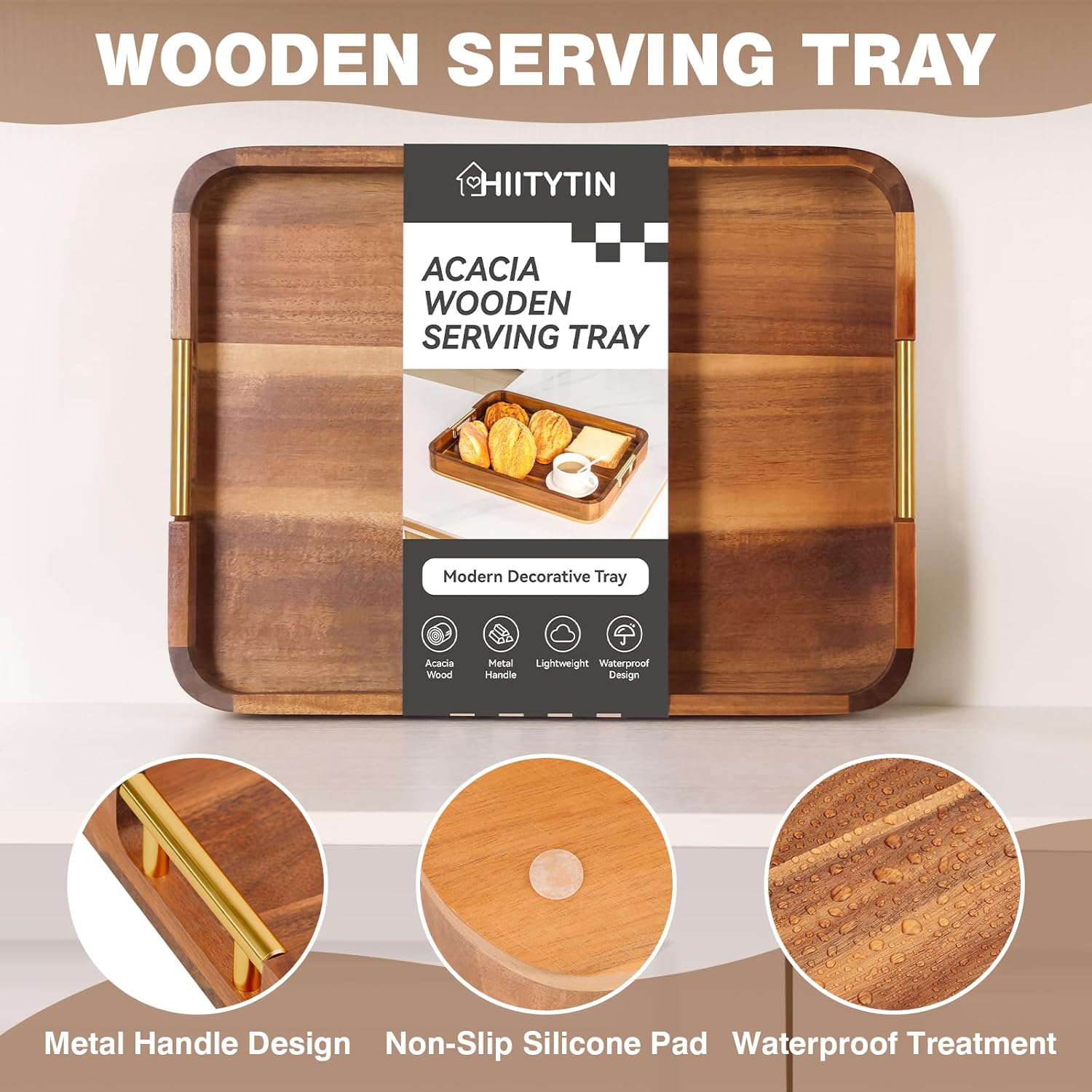 Wood Serving Tray with Metal Handles, Ottoman Tray Large Acacia Wooden Decorative Serving Tray for Coffee Table Living Room, 16.5" x 12.5" x 2.3" - Image 4