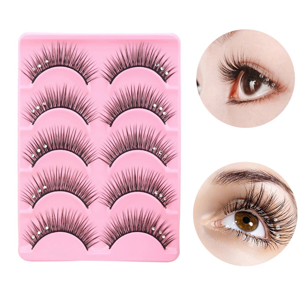 shlutesoy False Eyelashes 5Pairs Shiny Rhinestone False Eyelashes Thick Long Cross Stage Fake Eye Lashes