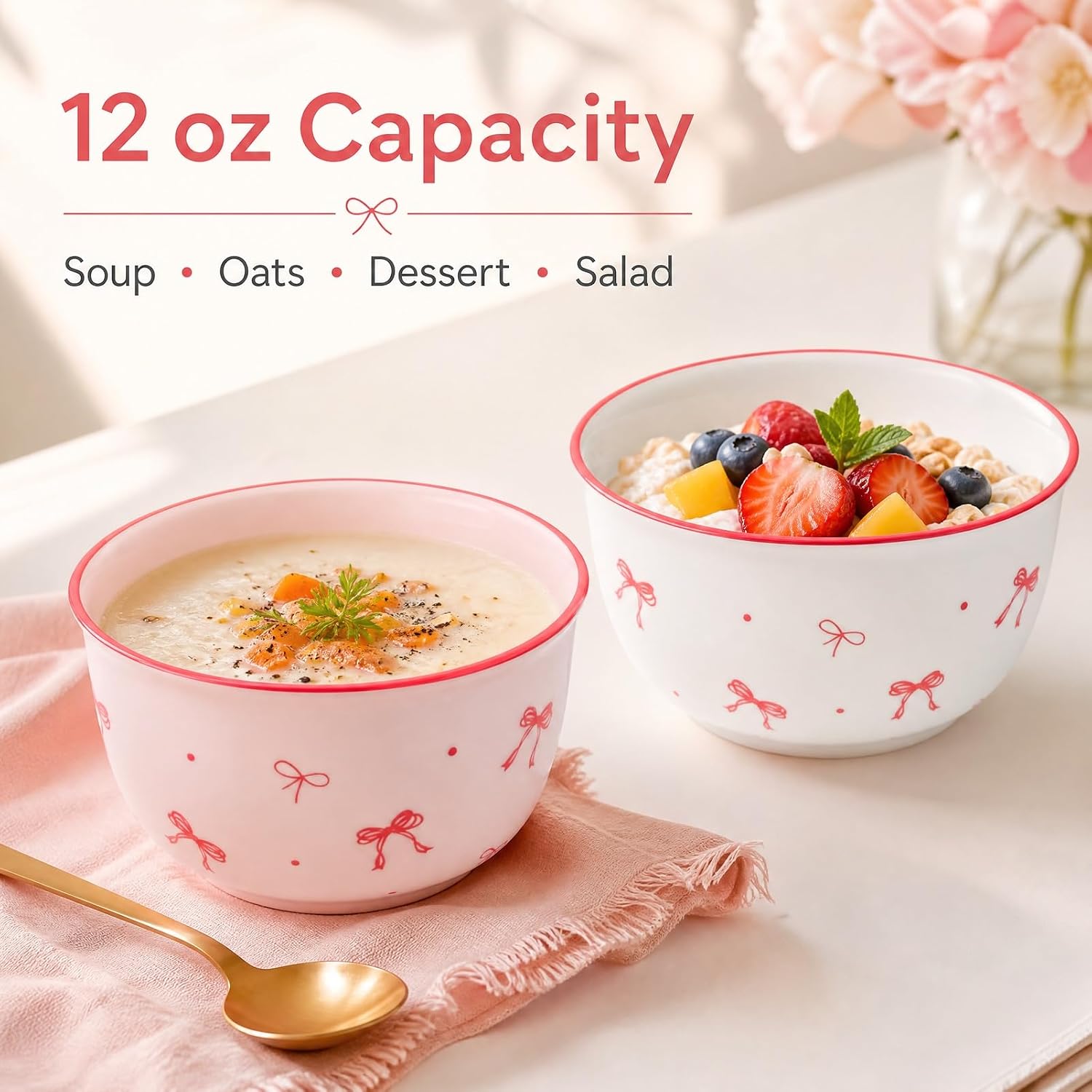 4 Pcs Pink Bow Ceramic Bowls Set 10oz, Cute Soup and Dessert Bowl for Ice Cream Fruit Salad Pasta, White Bowls Dishes Microwave Dishwasher Safe, for Kitchen Decor in Soft Pink image 3