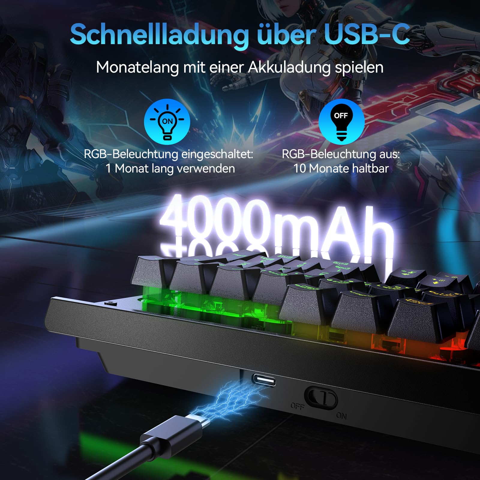 TECKNET Gaming-Tastatur Kabellos, QWERTZ-Tastatur (Deutsches Layout), Membran Tastatur mit 105 Tasten, Vollmetall-Pane, RGB Beleuchtung, Handgelenkauflage, 25 Anti-Ghosting-Tasten für Gamer & Büro