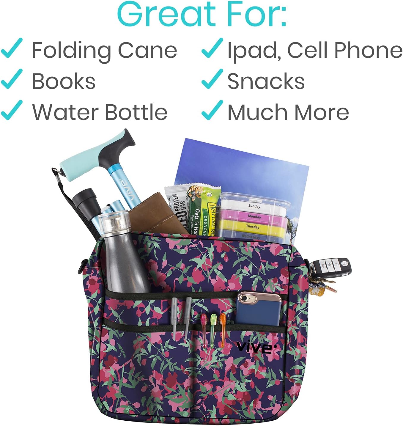 Vive Rollator Bag - Universal Travel Tote for Carrying Accessories on Wheelchair, Rolling Walkers, Transport Chairs, Mobility Scooters - Lightweight Handicap Medical Mobility Aid - for Women, Seniors : Health & Household