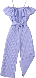 Girl's Ruffle Trim Cold Shoulder Short Sleeve Belted Wide Leg Jumpsuit Pants