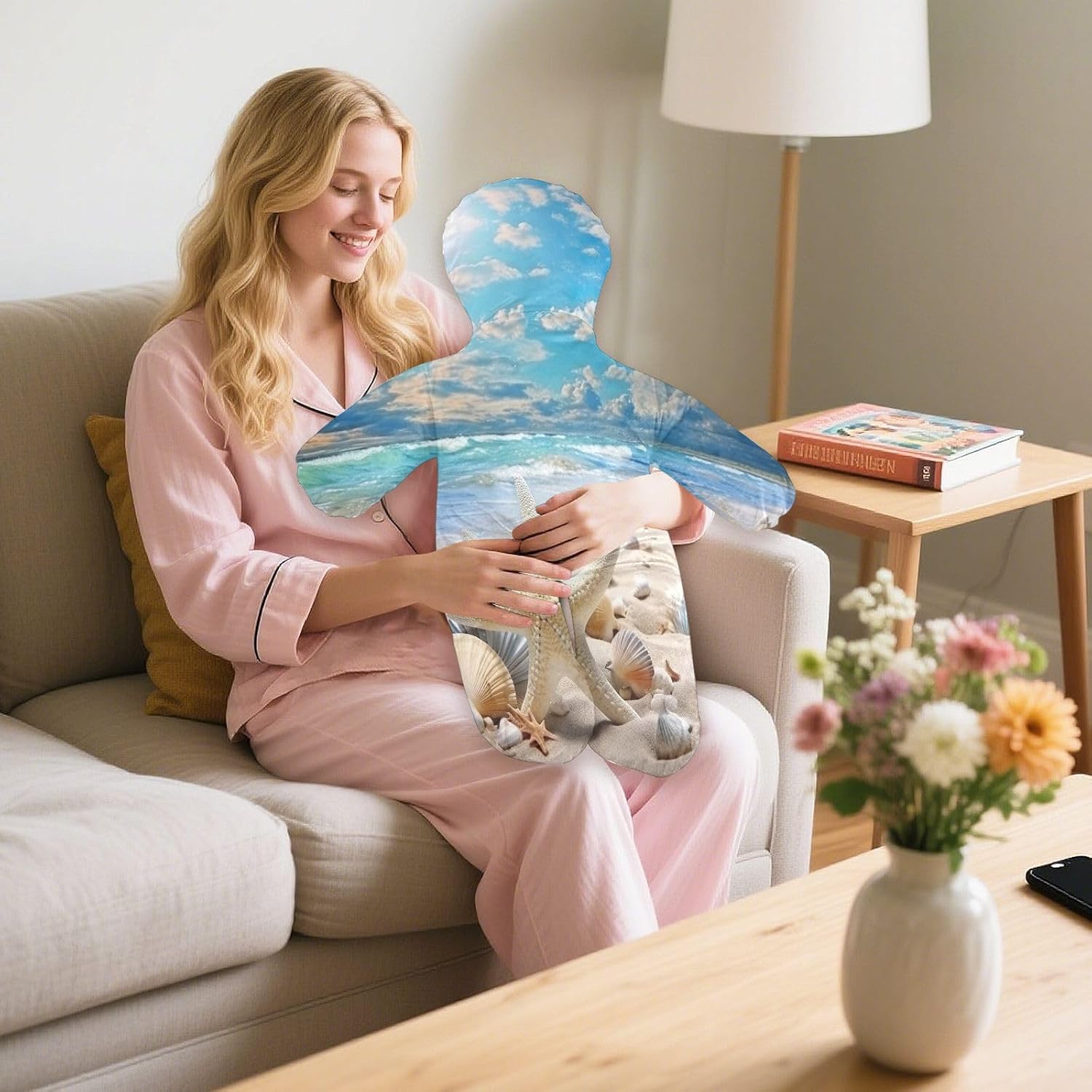Blue Sea Ocean Beach Human-Shaped Pillow Soft Body Pillows Washable Velvet Pillows for Anxiety Relief Sleeping Cuddling & Support
