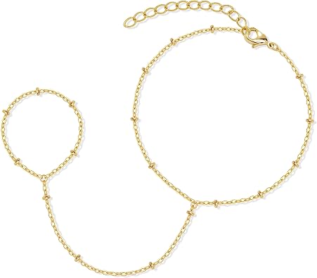 Poxtex Waterproof 14K Gold Plated Hand Chain Bracelet for Women, Non Tarnish Hypoallergenic Beaded Finger Ring Bracelet with Cubic Zirconia, Dainty Minimalist Boho Indian Style Stackable Wrist Body Jewelry for Summer Festival Vacation