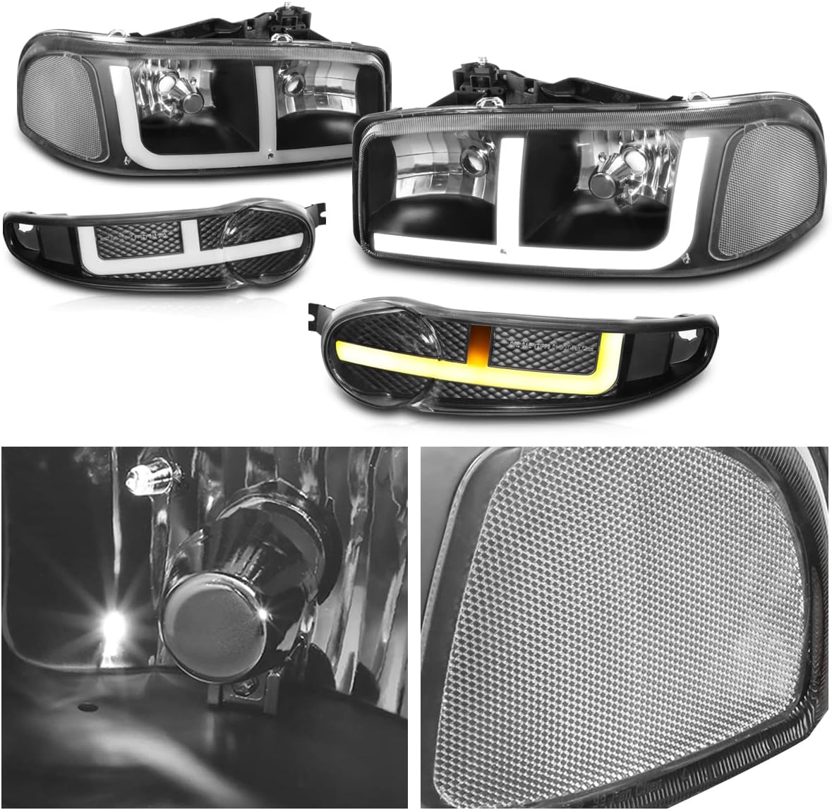 PM PERFORMOTOR [4Pcs] LED DRL Headlights Bumper Lamps Assembly Compatible with Sierra Yukon Denali 01-07,Black Housing/Clear Corner