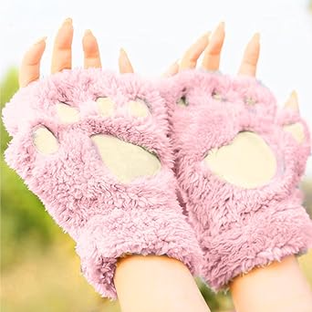 ROTORS Fingerless Paw Gloves, Thick Cat Paw Mittens, Cute Plush Paw Gifts for Women & Girls