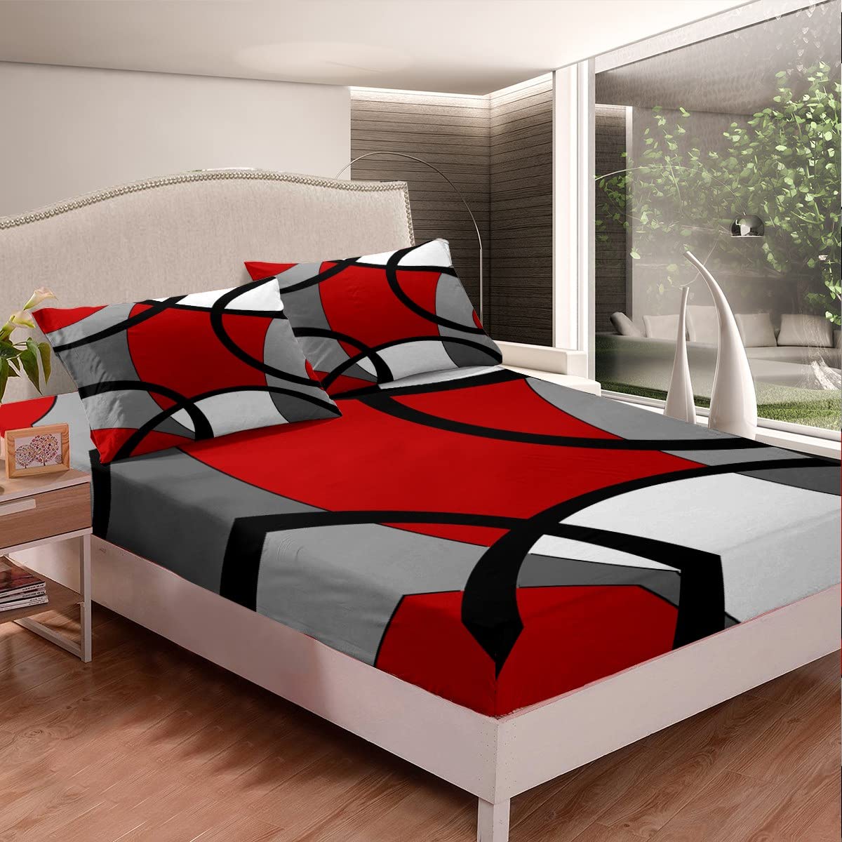 Juego de sábanas geométricas modernas con bolsillo profundo, juego de sábanas geométricas retro con diseño geométrico circular retro, juego de ropa de cama de remolino de rayas retro, juego de cama d