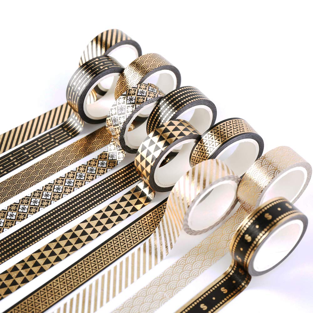 Black Gold Foil Washi Tape Set – 10 Rolls