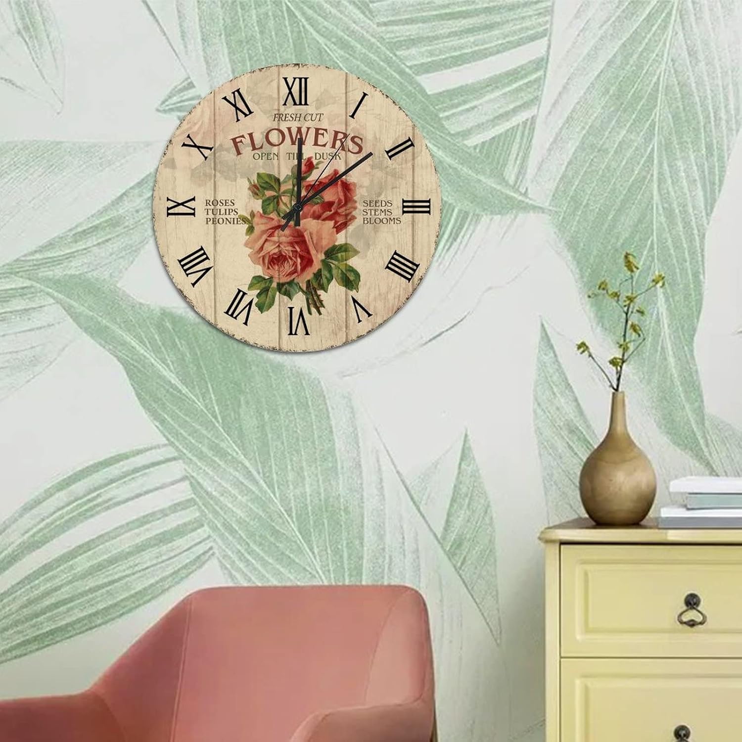 Rustic Hanging Clock 15in Fresh Cut Rose Wooden Clock French Flowers Tuscan Style Battery Operated Non Ticking Analog Home Accessories for Mantel Sunroom Office Back Patio