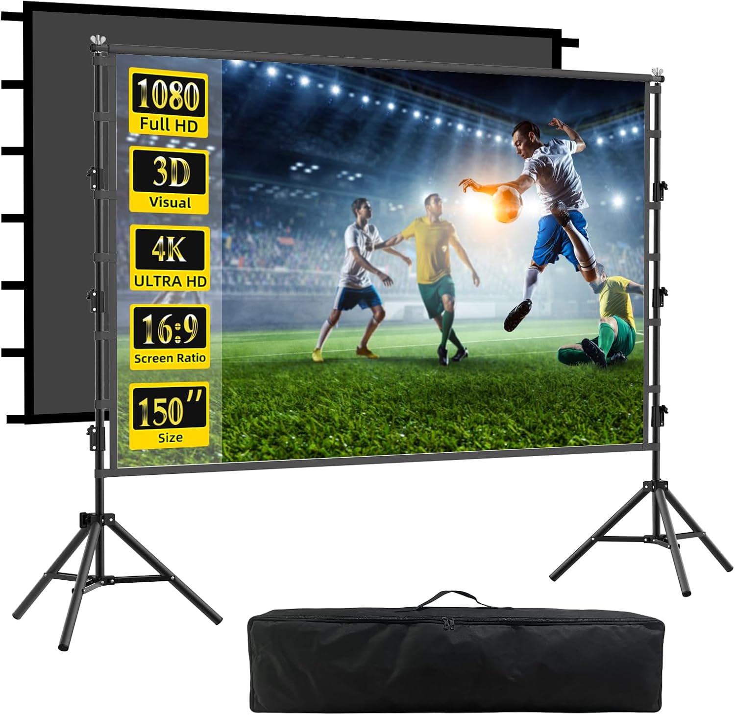Pantalla portátil de proyector de 150 pulgadas con soporte, interior, 16:9, 4K, rear y front, fácil de montar, bolsa de transporte miniatura 1