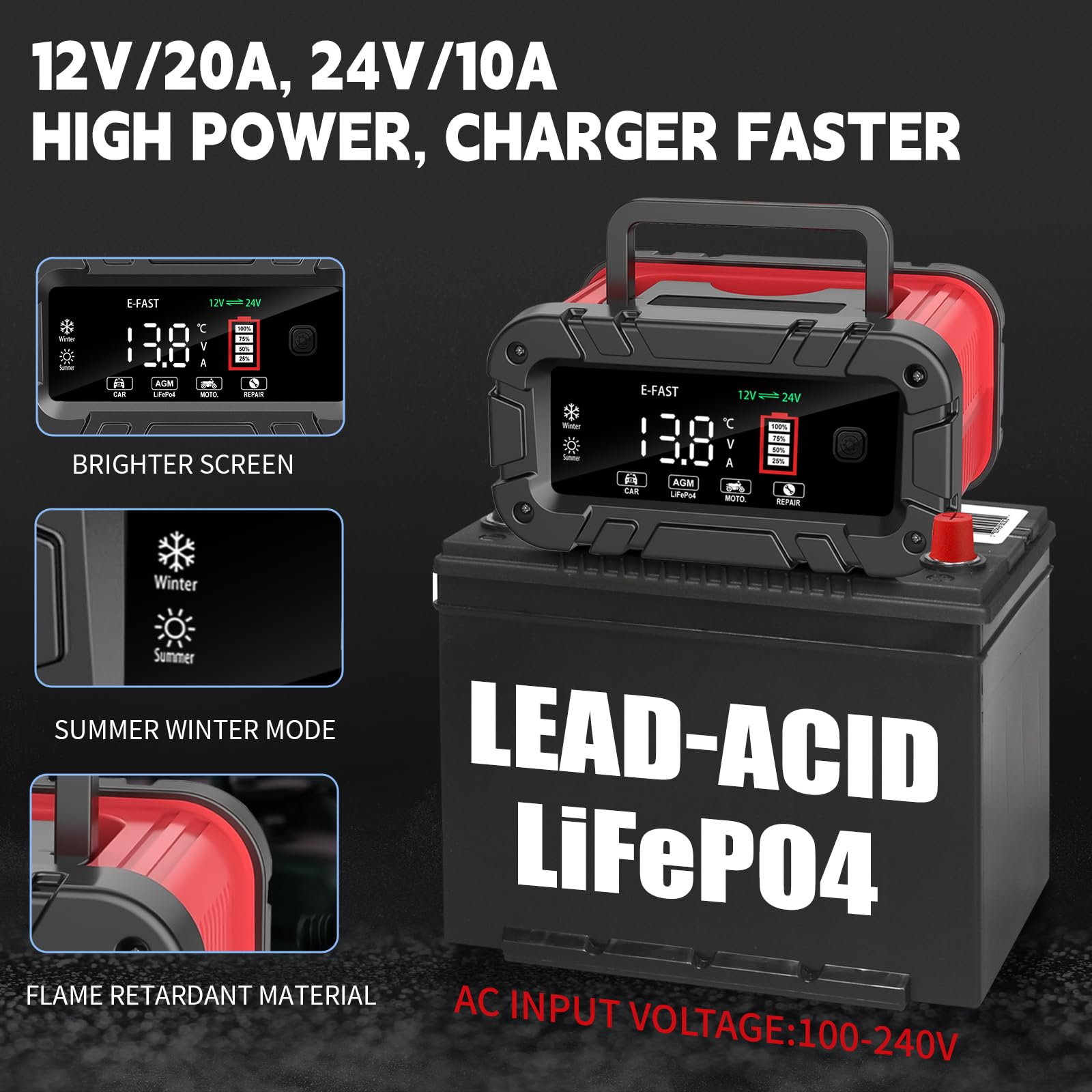 Cargador de batería de coche de 20 amperios, 12 V/24 V Lifepo4 de ácido de plomo mejorado cargador de batería inteligente para automóvil, mantenedor de batería para baterías AGM, motocicleta