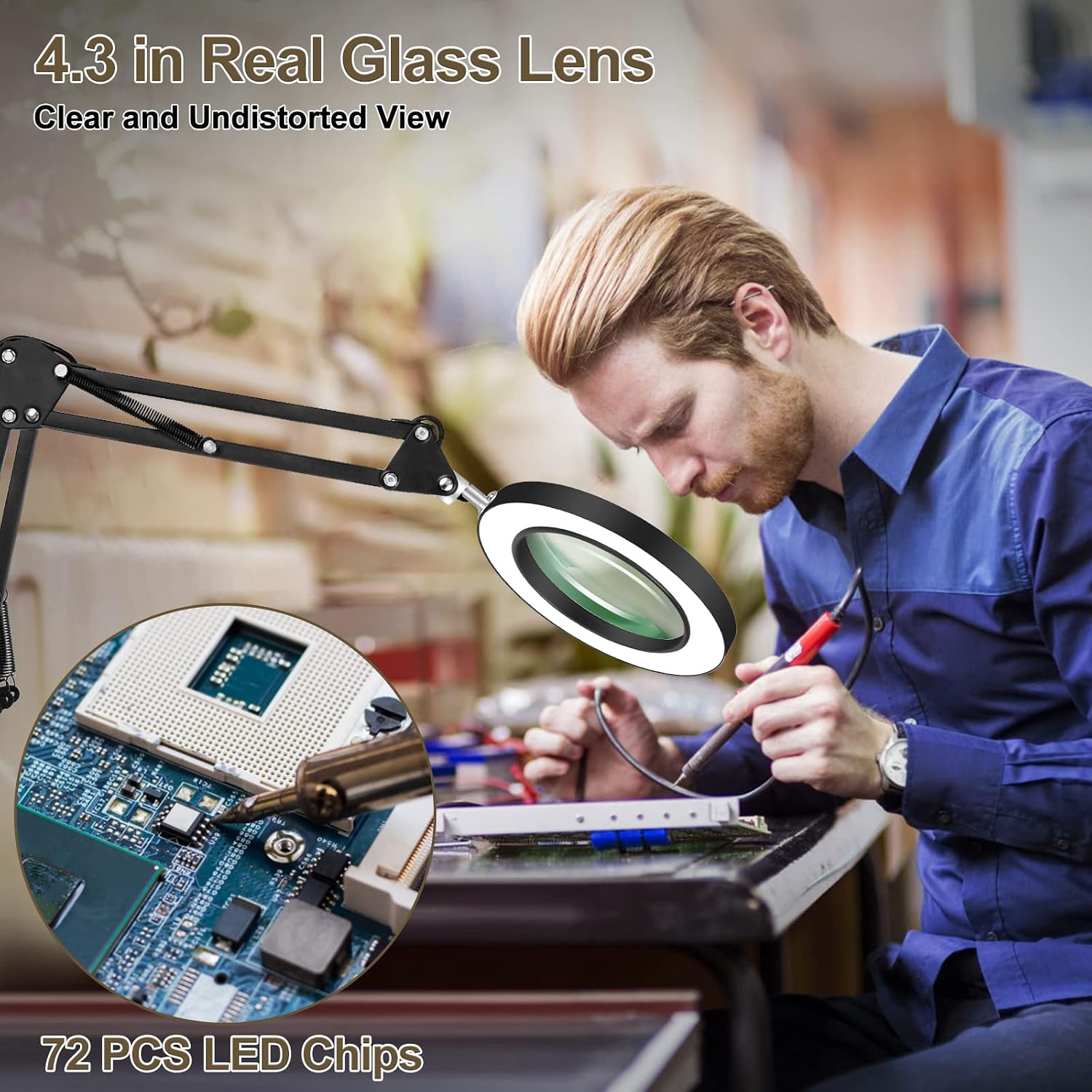 LED Magnifying Glass Desk Lamp with Clamp,3 Color Modes 10 Levels Dimmable Adjustable Swivel Arm for Reading Rework Craft Workbench