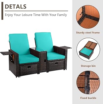 5PCS Patio Wicker Furniture Set - Outdoor PE Rattan Loveseat Sofa with Adjustable Backrest, Coffee Table, Ottoman - Patio Lounge Chair for Garden, Beach, Poolside, Balcony, Backyard, Deck