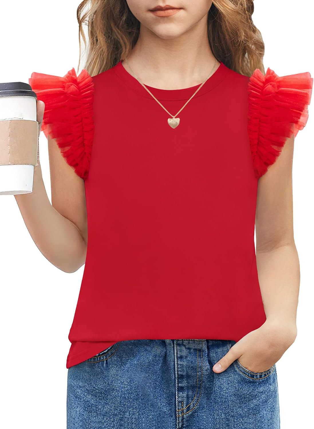 Arshiner Shirts for Girls with Mesh Flying Short Sleeve Crewneck Casual Summer Kids T Shirt Blouse Tops Tee