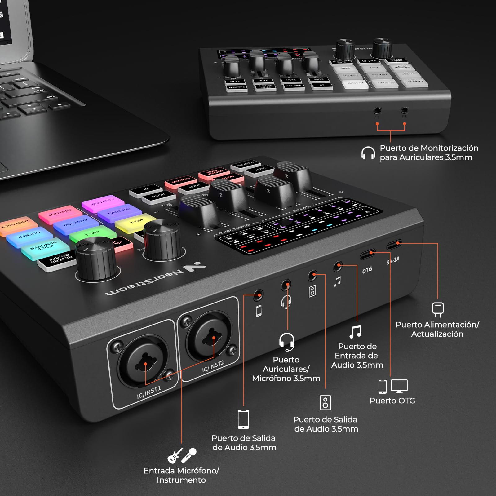 NearStream Mezclador gaming con preamp mic, doble entrada XLR/6.35mm, 48V, RGB, cambiador de voz, pads, loopback – Interfaz audio para streaming, podcast y música (AMIX20U)