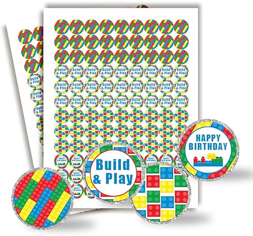 AmandaCreation - Etiquetas adhesivas de beso de cumpleaños de bloques de construcción y ladrillos para niños, 300 calcomanías circulares de fiesta