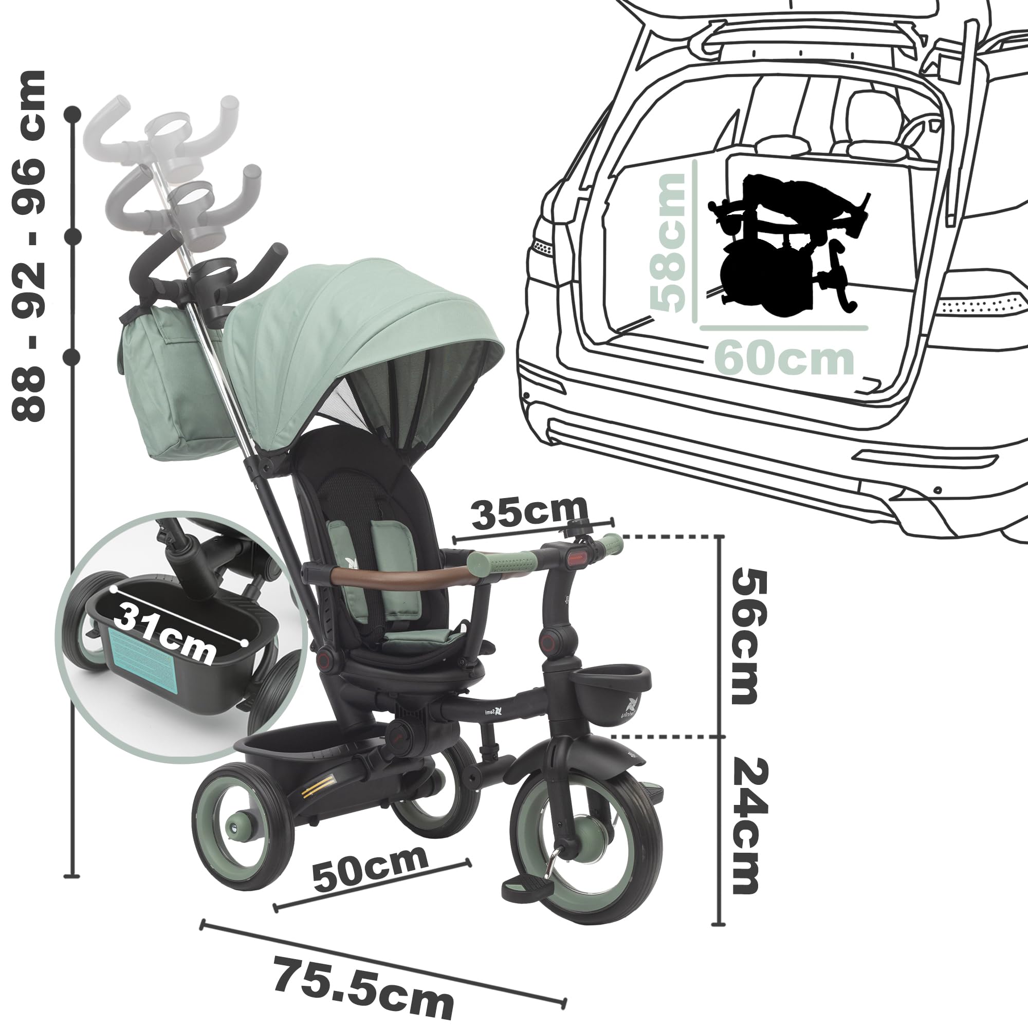 Twinly Triciclo pieghevole per bambini da 1 a 5 anni con sedia reclinabile e sedile reversibile, che accompagna la crescita del bambino, freno e cintura di sicurezza a 5 punti e barra di protezione