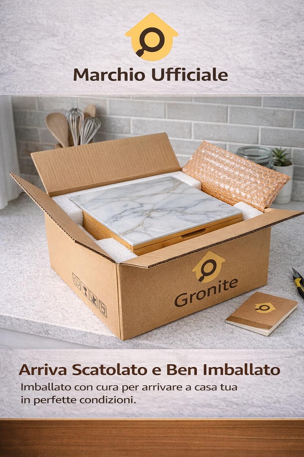 Porta Capsule Caffè con Cassetto in Bambù e Vetro Temperato Effetto Marmorizzato 30x30x10 cm - Supporto Macchina Caffè Salvaspazio