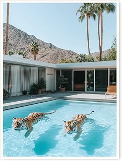 Palm Springs Tigers Pool Art – Retro Mid-Century Tropical Print for Luxury Villa, Vintage Summer Vibes & Tropical Decor-20x30Inch Ready to Hang(Unframed)