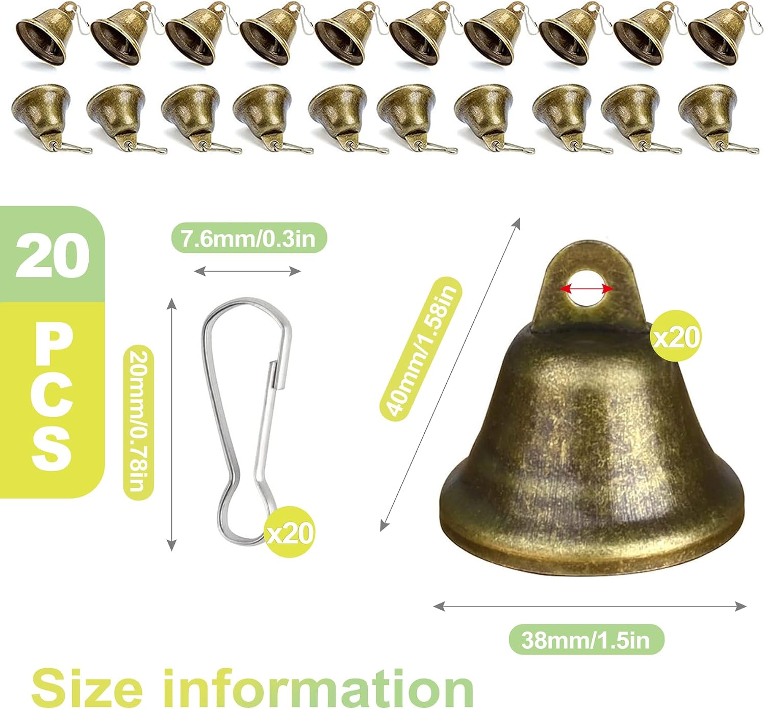 Hexalyao 20 PCS Small Brass Jingle Bells with Spring Clips Vintage Bronze Mini Bells for DIY Crafts Dog and Cat Collars Christmas Tree Wedding Decorations