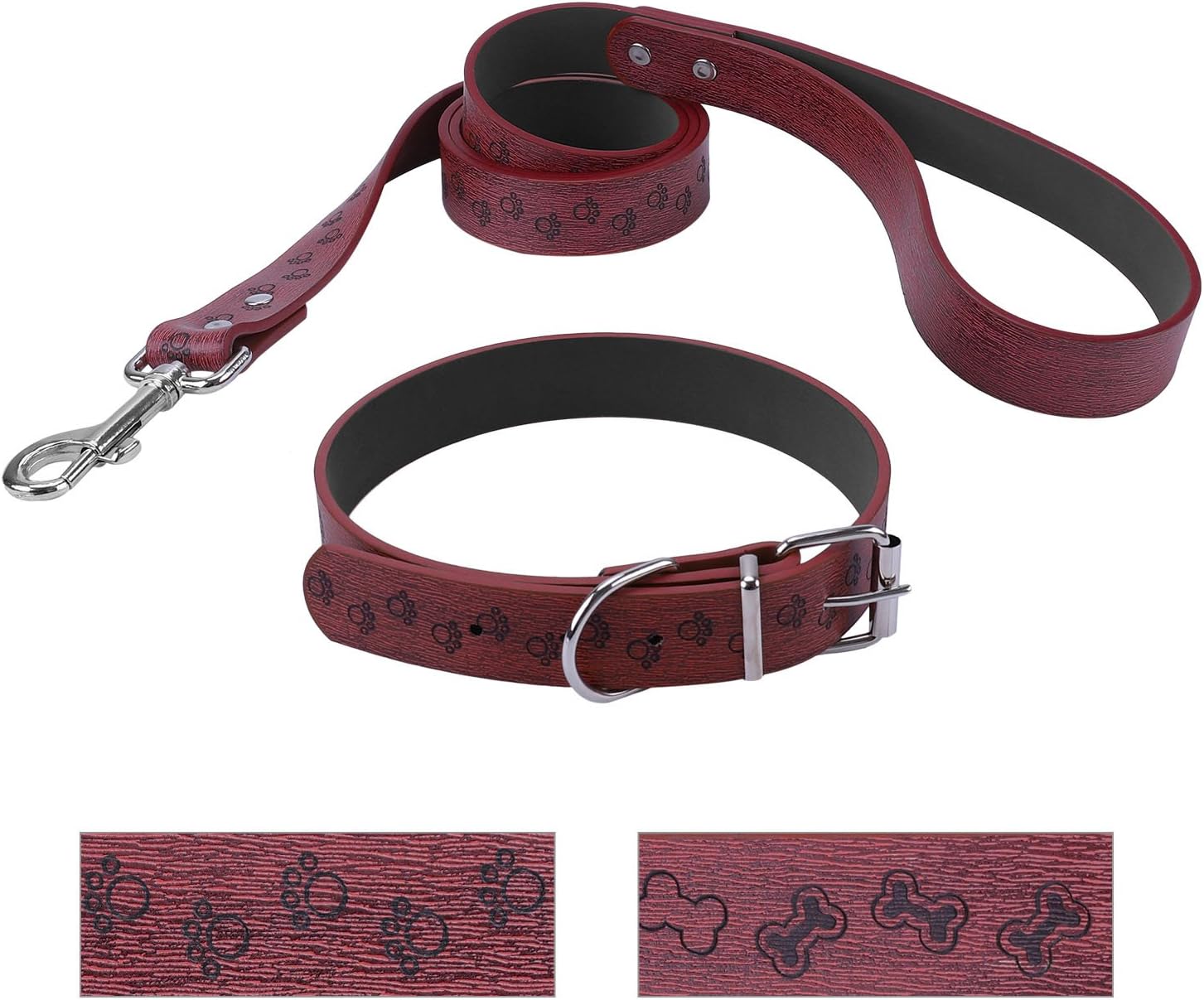 Bark Lover Designer Print Collar and Leash Set (Simulated Leather), for Medium Large Dogs. (M, Red,Footprints Prints)