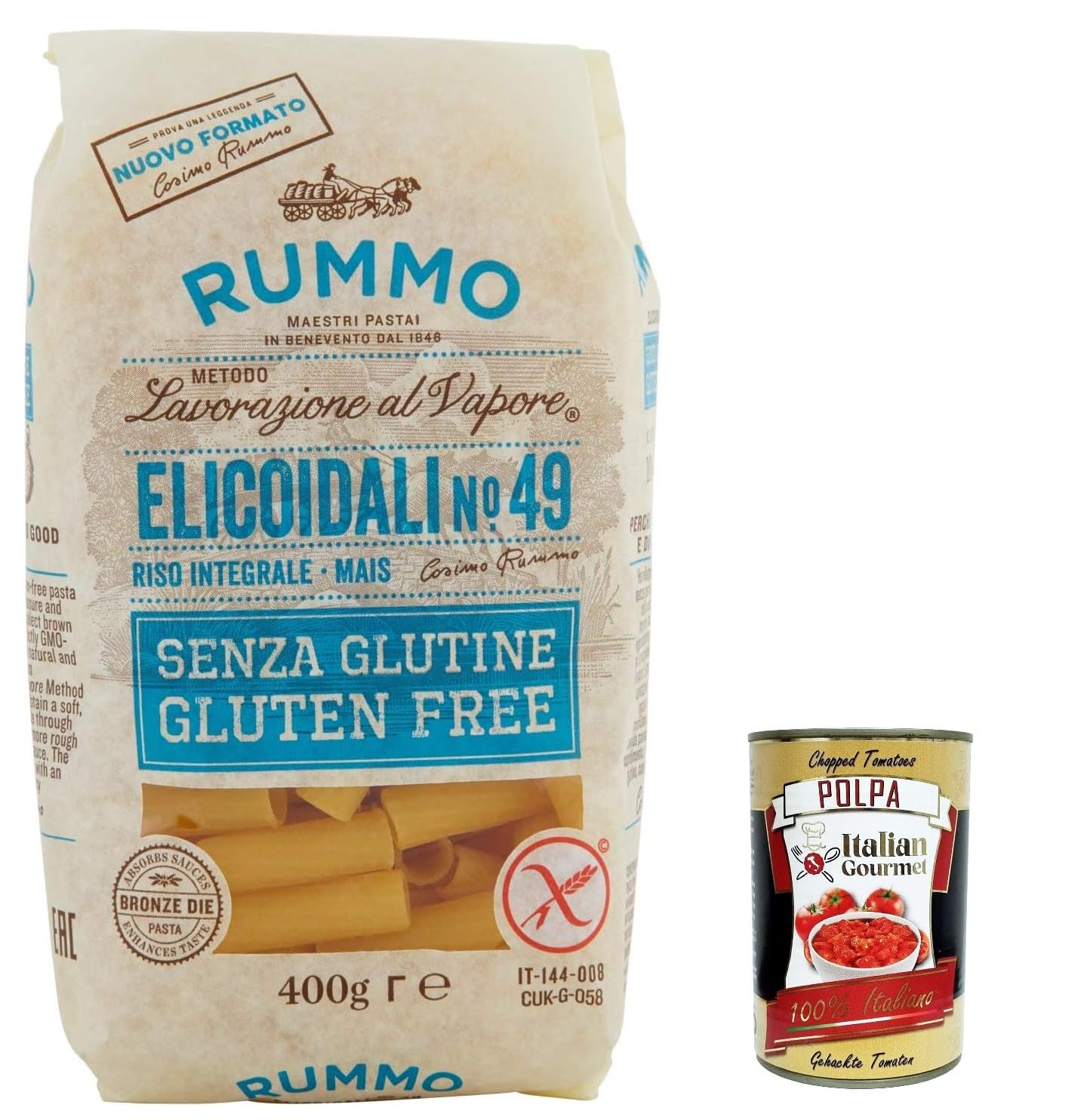 Italian Gourmet Elicoidali N49 Pasta senza Glutine glutenfrei 20 x 400g | Mais-Reis-Rezeptur, trafilata al bronzo, bissfest für Saucen und Aufläufe, Gesamtnettogewicht 8 kg + Kostenlos Polpa 400g