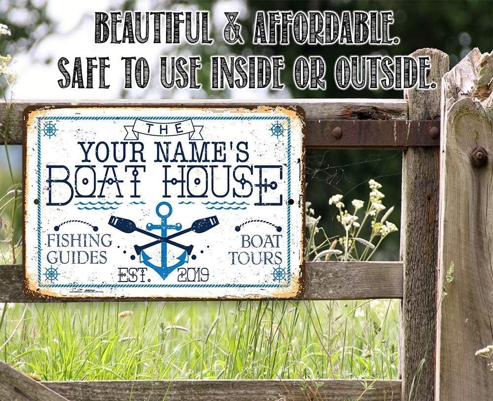 Personalized - Boat House - Great Beach and Lake House Decorations, Cabin Summer Wall Art and Patio Outdoor Decor, Fishing and Boating Gift Sign, 8x12 or 12x18 Indoor or Outdoor Durable Metal Sign