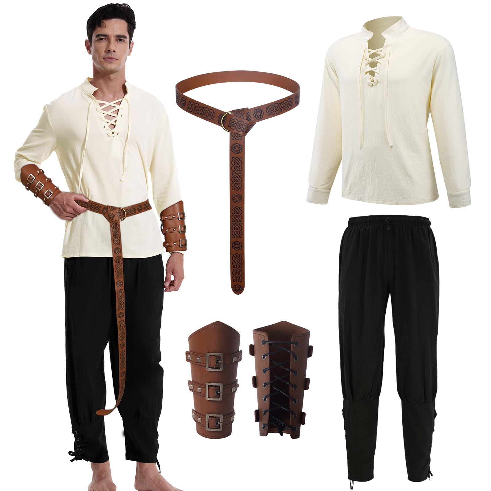 PARKLEES Middeleeuws Viking-piratenkostuum voor heren, vintage, renaissance, Halloween-shirts, Kaki, XL