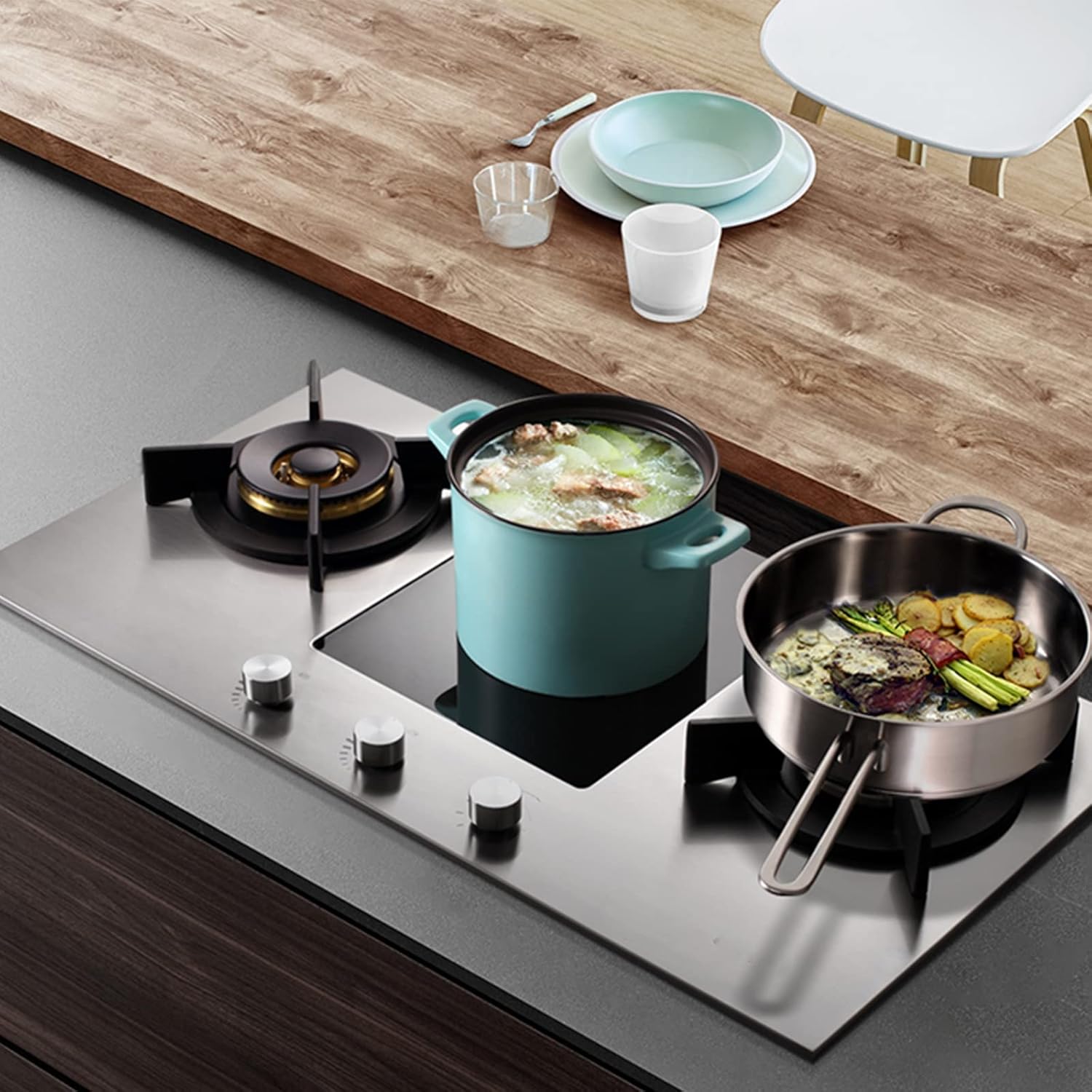 Gas-Electric Dual-Purpose Stove Embedded Three-Burner Gas Stove Household Natural Gas Liquefied Gas Stove Table Embedded Dual Purpose Black (Silver)