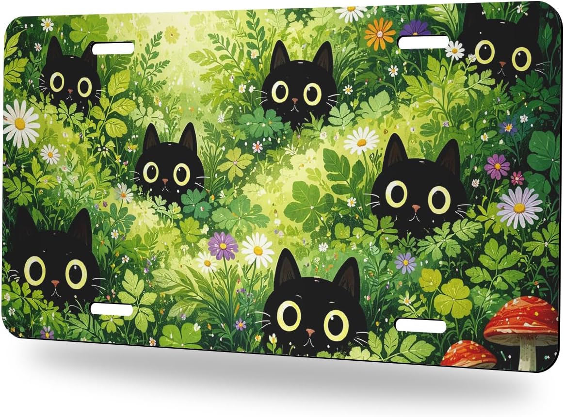 Cat Front License Plate Black Cute Forest Grass Flower Mushroom Car Decorative License Plates Aluminum Metal Decor Accessory Novelty Vanity Tag Cover with 4 Holes for Men Women 6" X 12" image 2
