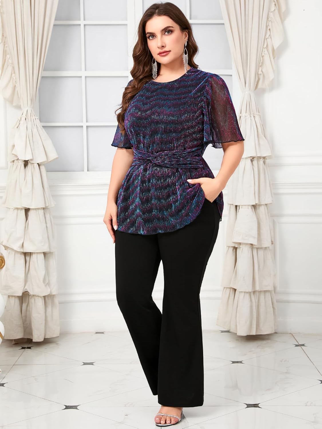 Plus Size Sparkly Evening Party Pant Suits, Metallic Short Sleeve Top & Flare Pants 2 Piece Set Cocktail Outfits